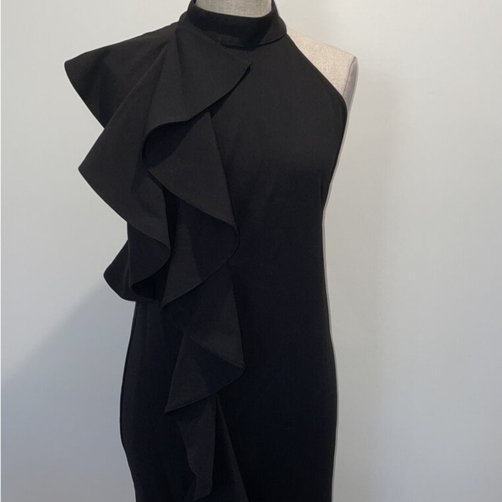 Gianni Bini Black Side Ruffle High Neck Midi Cocktail Classy Dress - NWT! - Picture 2 of 10